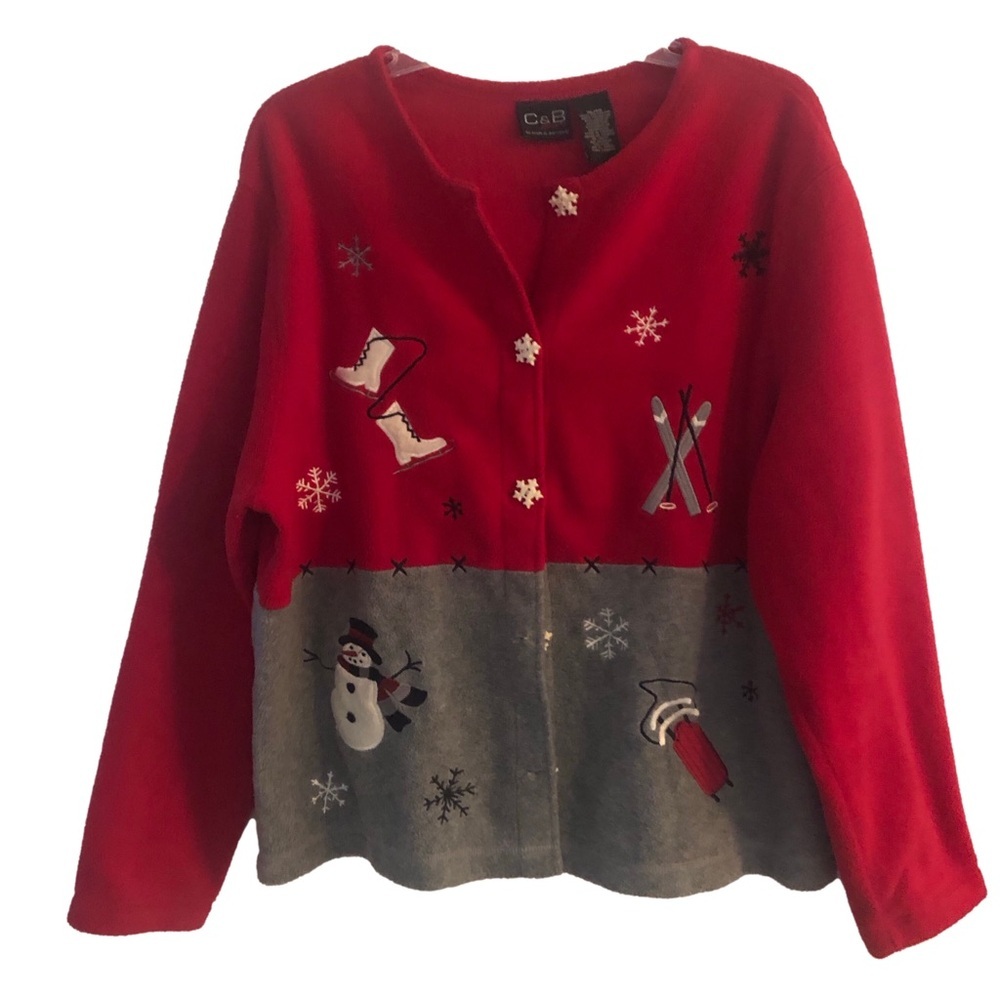 Christmas Holiday cardigan jacket fleece, extra large snowflake button up